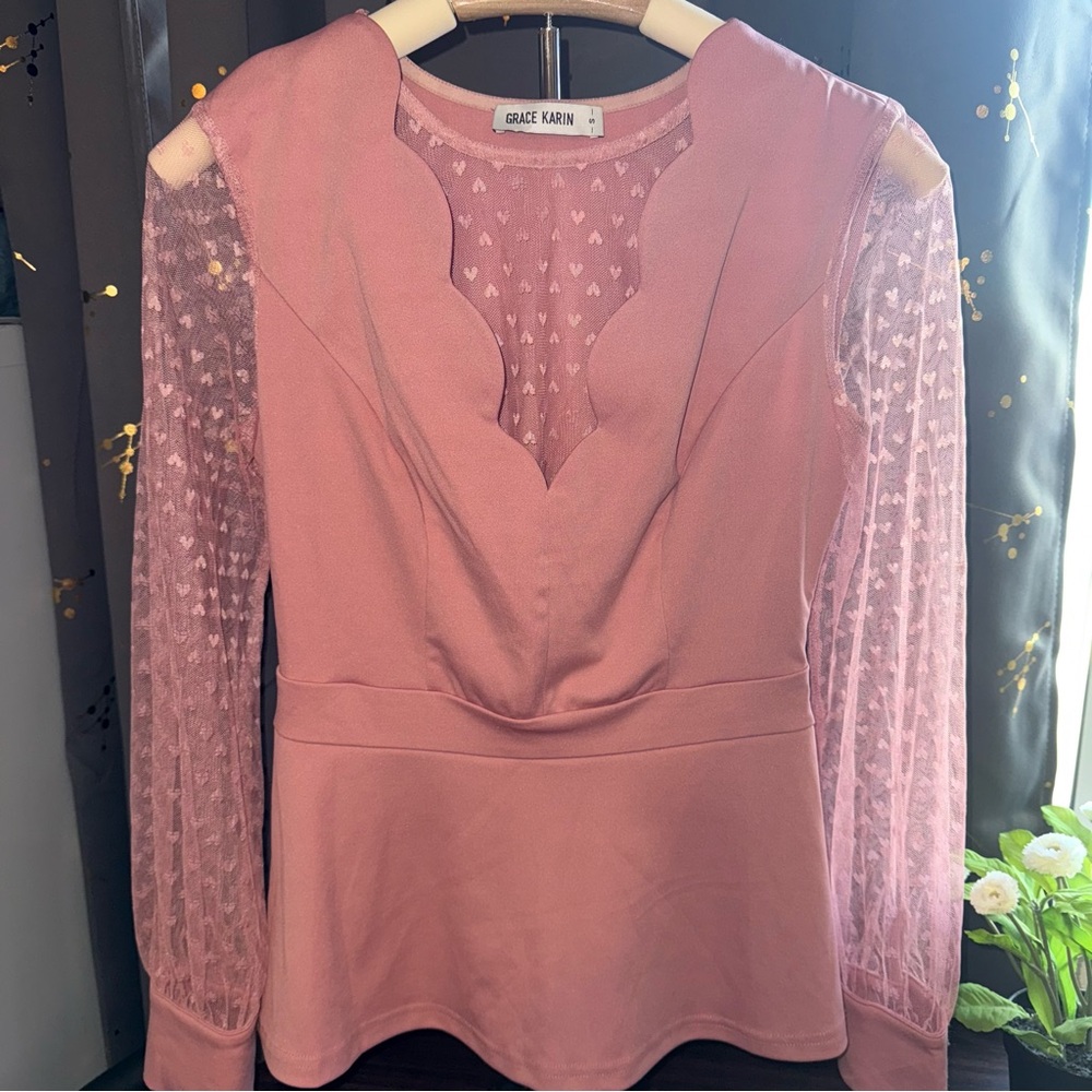 Grace Karin Pink Long Sleeve Blouse with Hearts